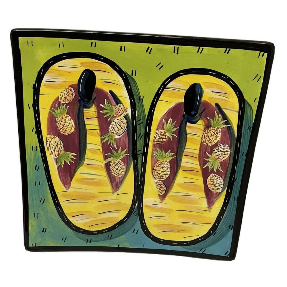 MARY‎ NAYLOR Wall Art Plate  9.5" Hawaiian Green Flip Flop Square Hanging
